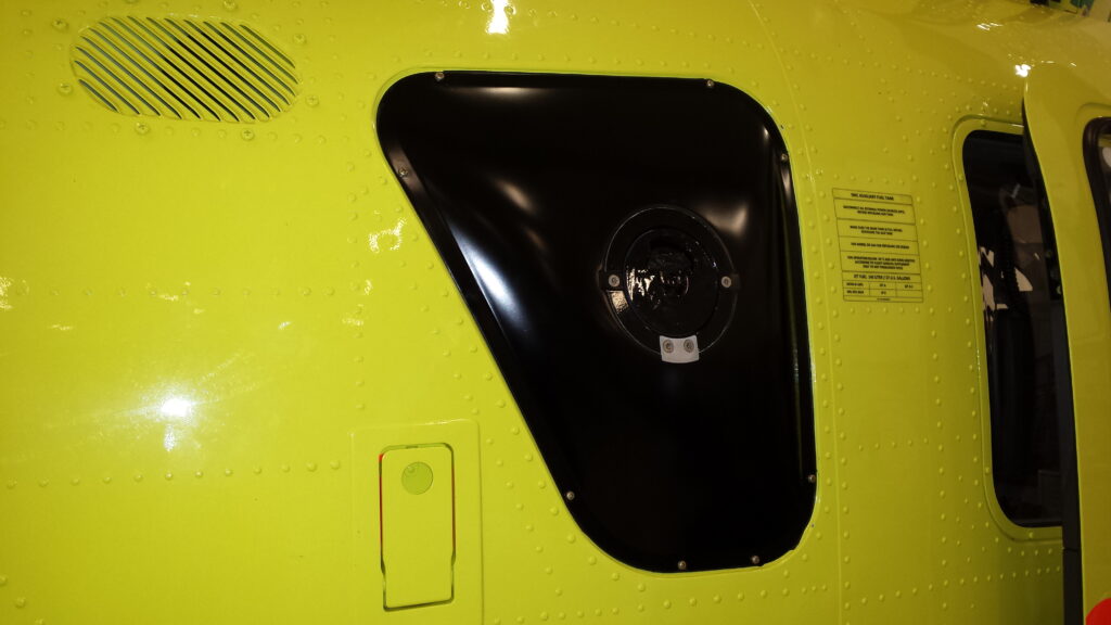 External right-hand refuelling point and carbon-fibre filler panel of the BAM H145 Auxiliary Fuel Tank