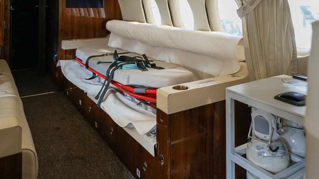 BAM stretcher provision installed on the cabin divan of a Dassault Falcon 7X