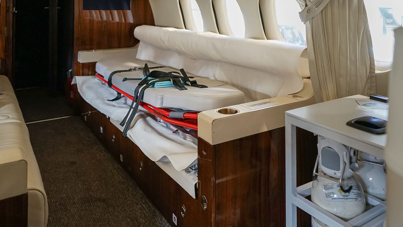 BAM stretcher provision installed on the cabin divan of a Dassault Falcon 7X