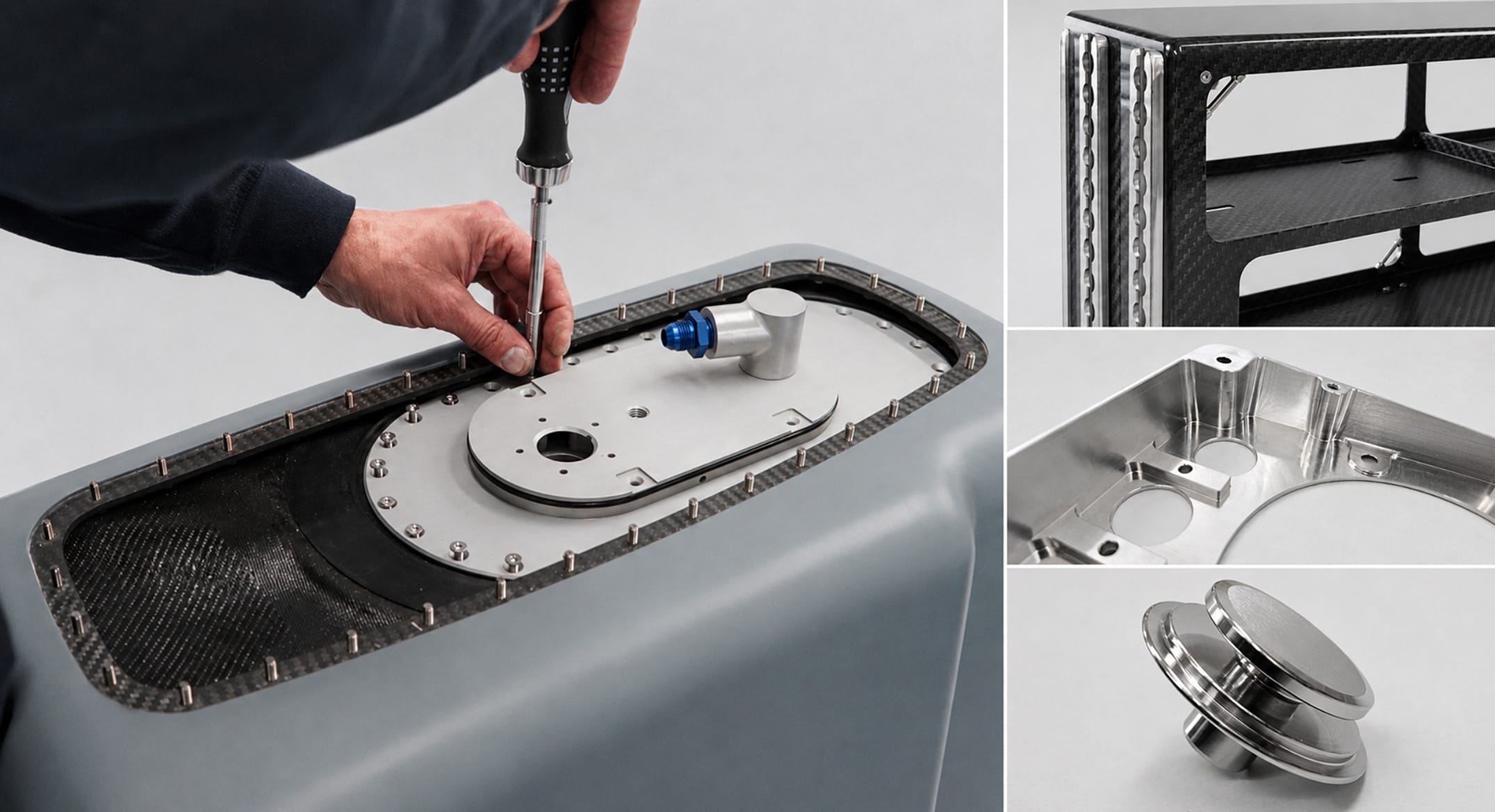 Four BAM-manufactured aircraft parts: a fuel tank being assembled, a machined stainless fitting, an aluminium housing and a carbon fibre equipment rack