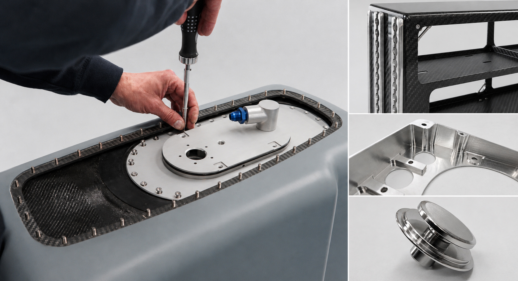 Four BAM-manufactured aircraft parts: a fuel tank being assembled, a machined stainless fitting, an aluminium housing and a carbon fibre equipment rack