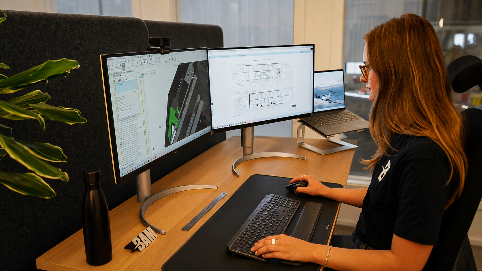 BAM design engineer working on a CAD model of an aircraft modification, with drawings open on screen