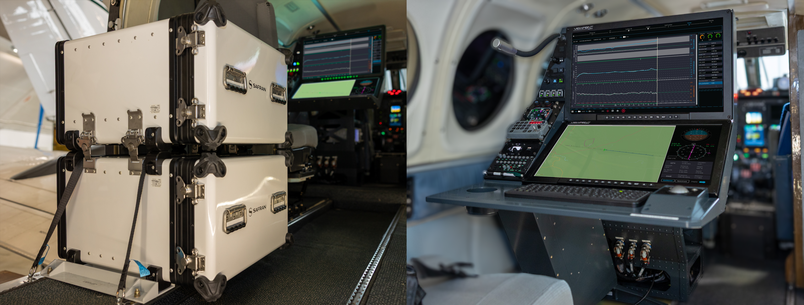 Safran CARNAC flight inspection system and BAM operator console installed onboard a Beechcraft Super King Air 200C for flight calibration missions.